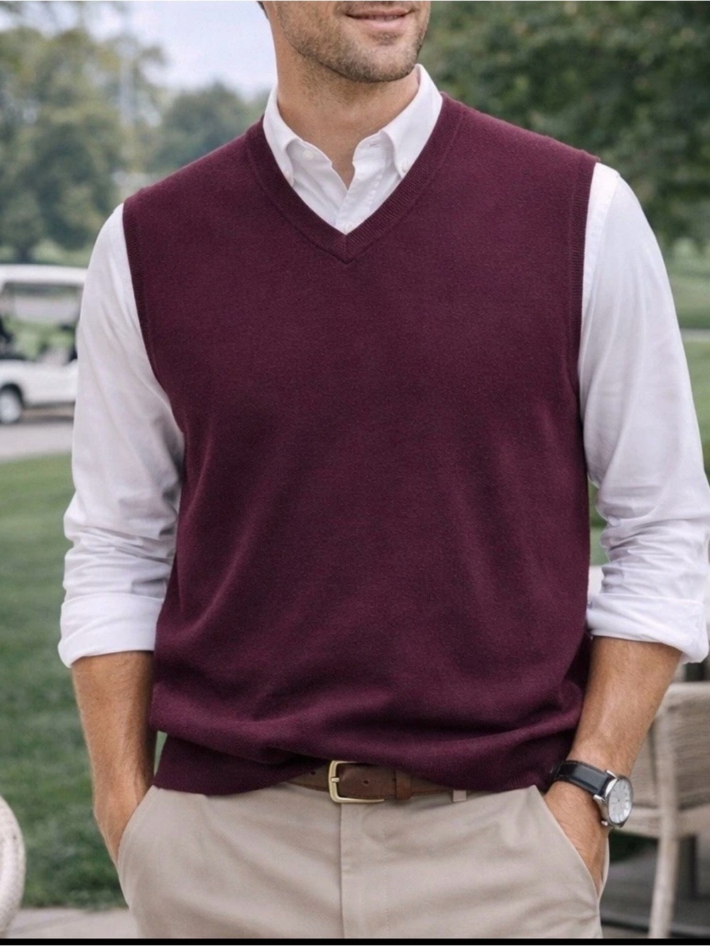 Jos A Bank Merino Wool Sweater Vest XL Burgundy V Neck Classic Preppy